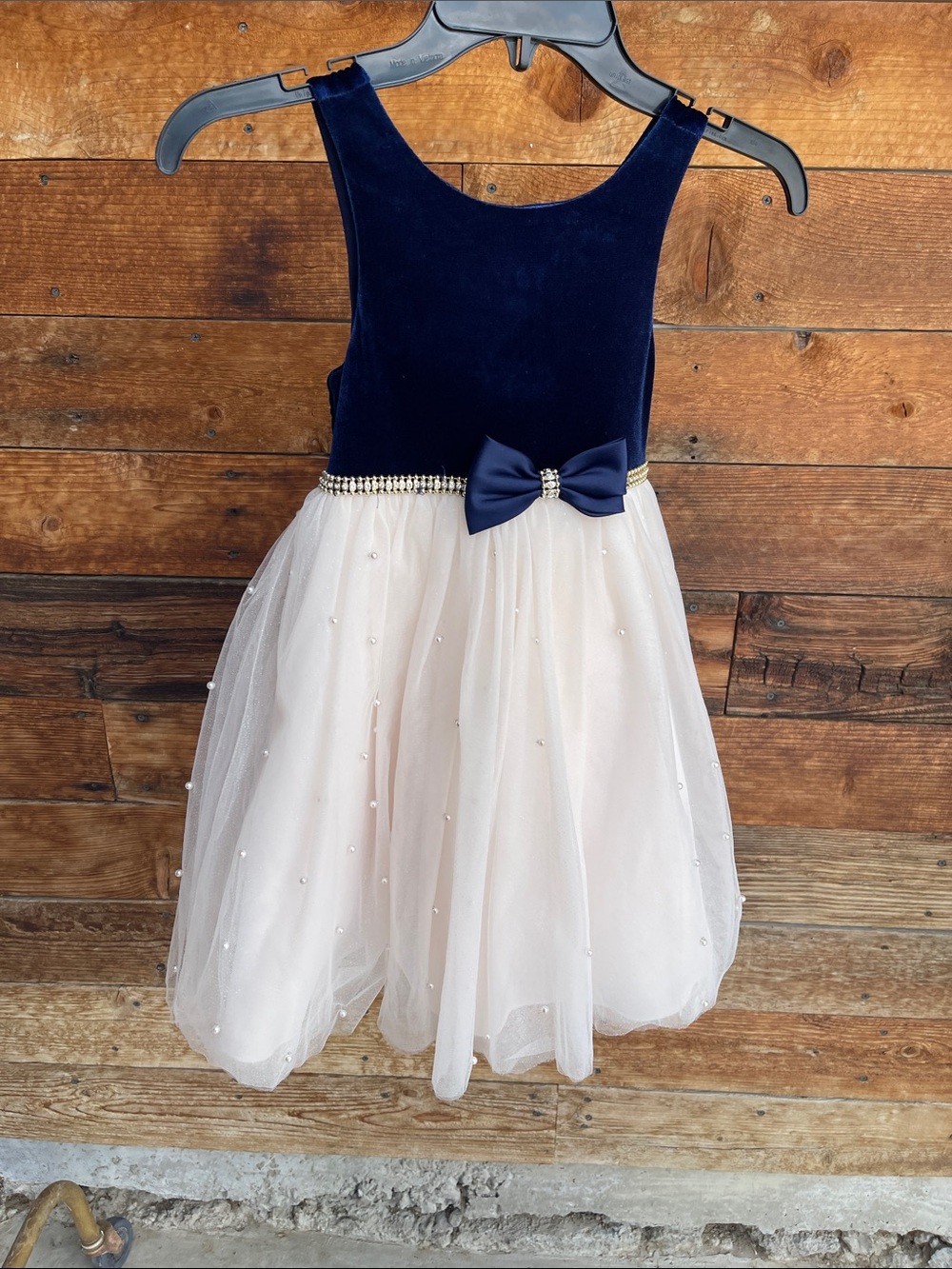 American Princess Girls Size 6 Navy Velvet Ivory Tulle Pearl Formal Party Dress